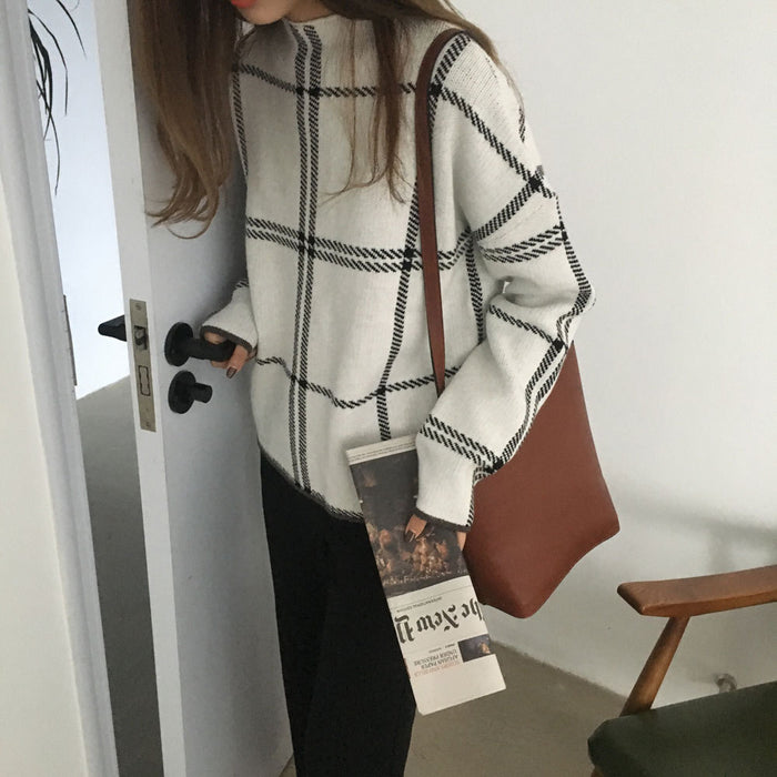 Core-spun high neck plaid sweater sweater top women