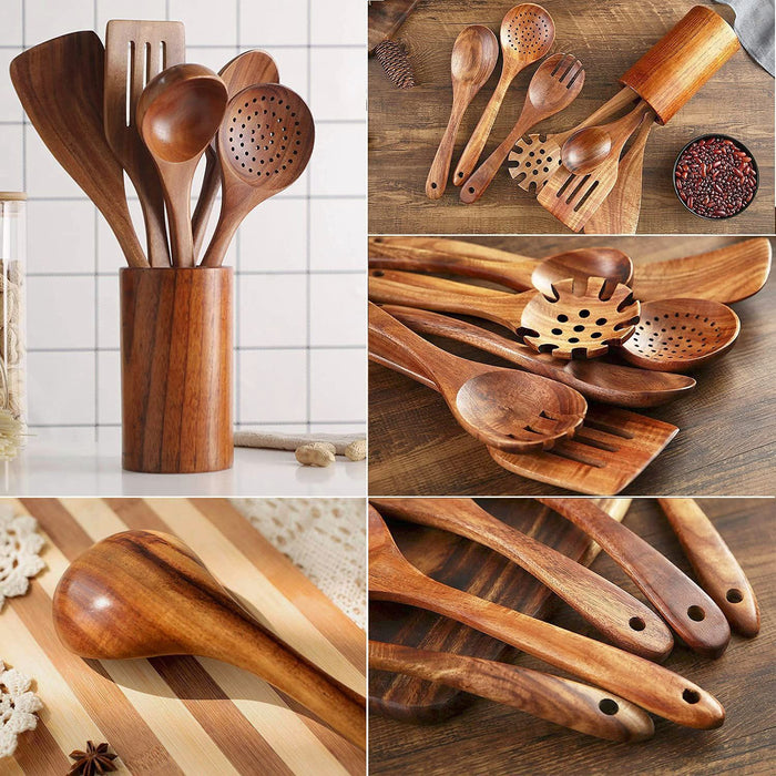 Wooden Kitchenware Suit Teak Long Handle Spoon Wooden Colander Non-stick Spatula