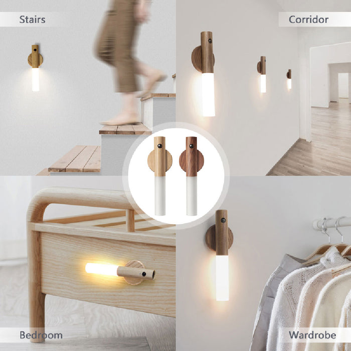 Lampe LED magnétique sans fil en bois avec capteur de mouvement PIR, luminaire décoratif d'intérieur, idéal pour un couloir, un porche ou un placard, USB
