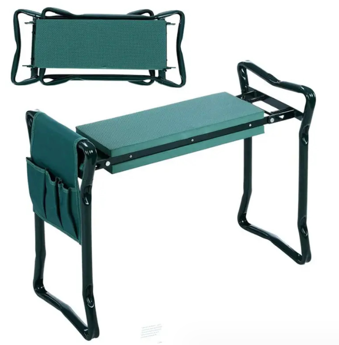 Chaise de banc de pelouse extérieure pliable avec pochette à outils, repose-jardin