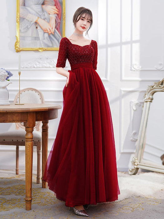 Vestido de noche de puerta trasera de compromiso rojo vino manga larga femenina