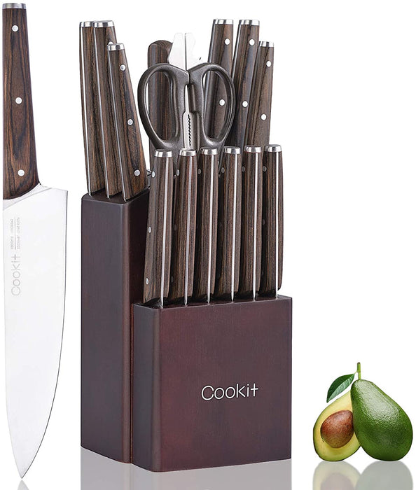Kitchen Knife Sets, 15 Piece Knife Sets with Block for Kitchen Chef Knife Stainless Steel Knives Set Serrated Steak Knives with Manual Sharpener Knife