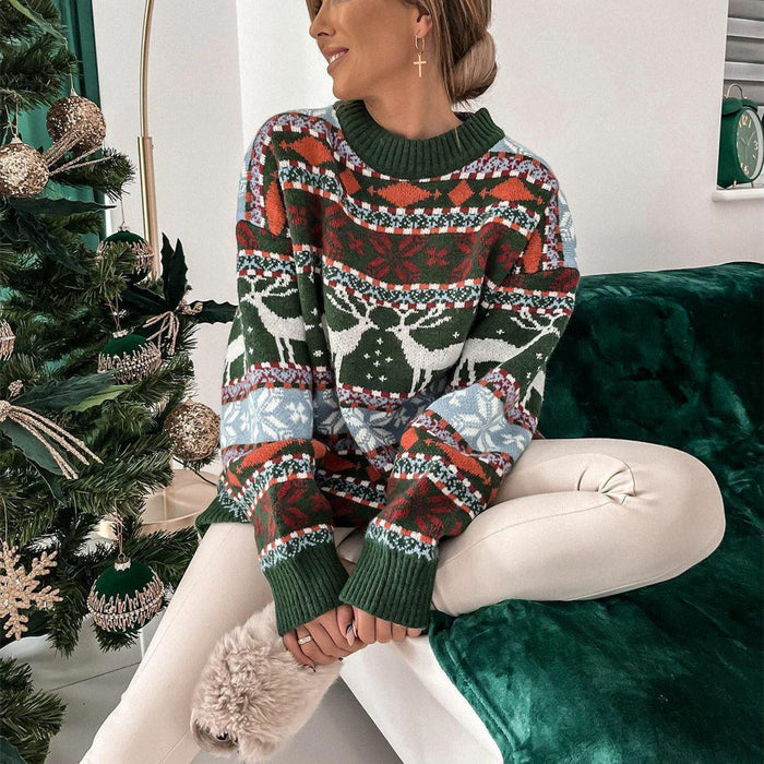 Moda feminina gola redonda solta tema de natal jacquard suéter de manga comprida