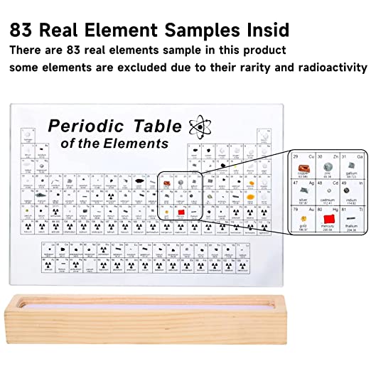 Tabela periódica com 83 tipos de elementos reais dentro, tabela periódica acrílica de amostras de elementos, fácil de ler, presentes criativos para amantes da ciência e estudantes
