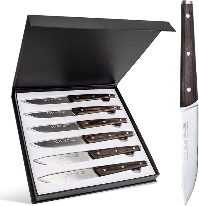 Set di 6 coltelli da bistecca seghettati in acciaio inossidabile con manico in legno per ristorante domestico