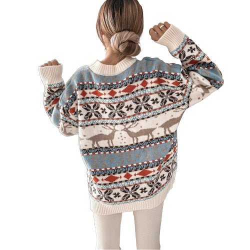 Moda feminina gola redonda solta tema de natal jacquard suéter de manga comprida