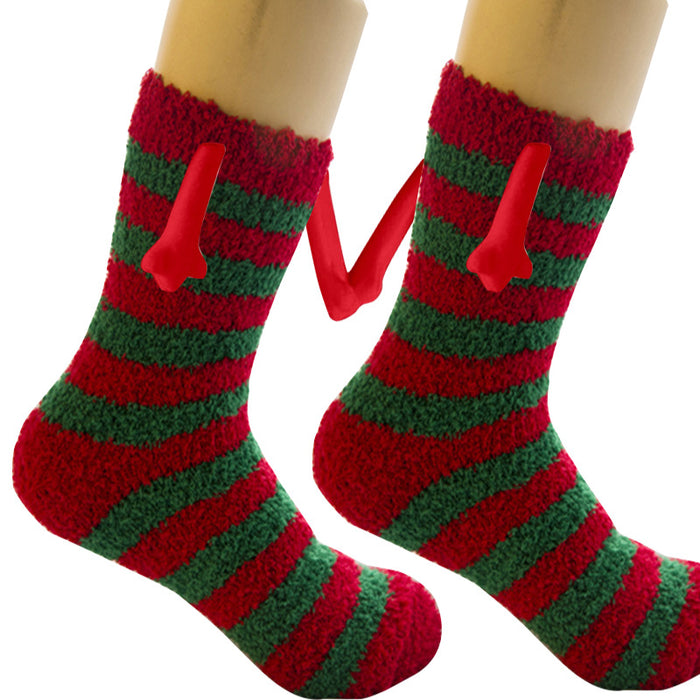 Forniture natalizie Aspirazione magnetica Coppia calzini mano nella mano Calzini a tubo in pile di corallo Caldi calzini da letto Pantofola invernale morbida e calda