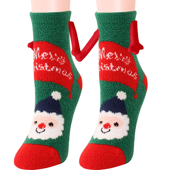 Fournitures de Noël Aspiration magnétique main dans la main Couple chaussettes corail polaire Tube chaussettes chaud pantoufle lit chaussettes hiver doux chaud pantoufle