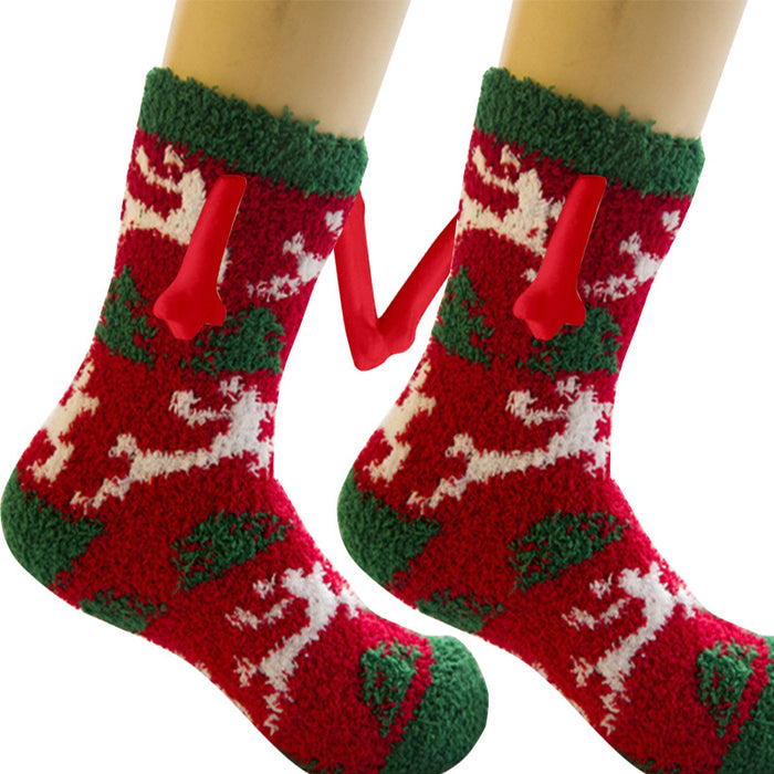 Suministros de Navidad Succión magnética Mano en mano Calcetines de pareja Calcetines de tubo de lana de coral Zapatillas cálidas Calcetines de cama Zapatillas suaves y cálidas de invierno