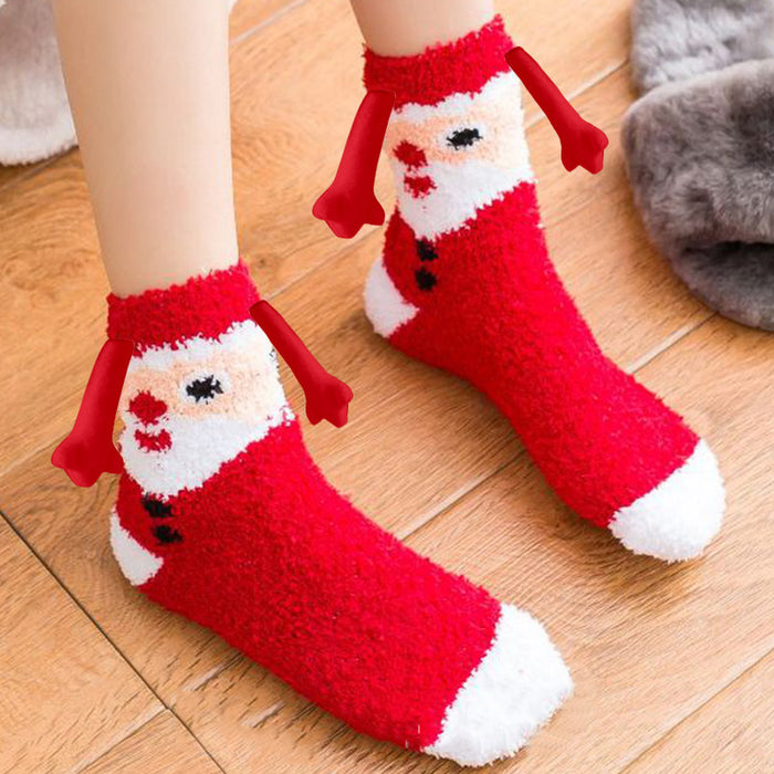 Suministros de Navidad Succión magnética Mano en mano Calcetines de pareja Calcetines de tubo de lana de coral Zapatillas cálidas Calcetines de cama Zapatillas suaves y cálidas de invierno