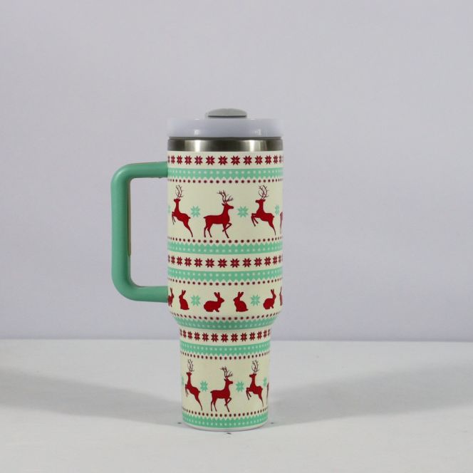 Nueva taza de diseño navideño con tapa con asa, vaso de vacío de acero inoxidable con pajita, taza de café de viaje para coche de gran capacidad