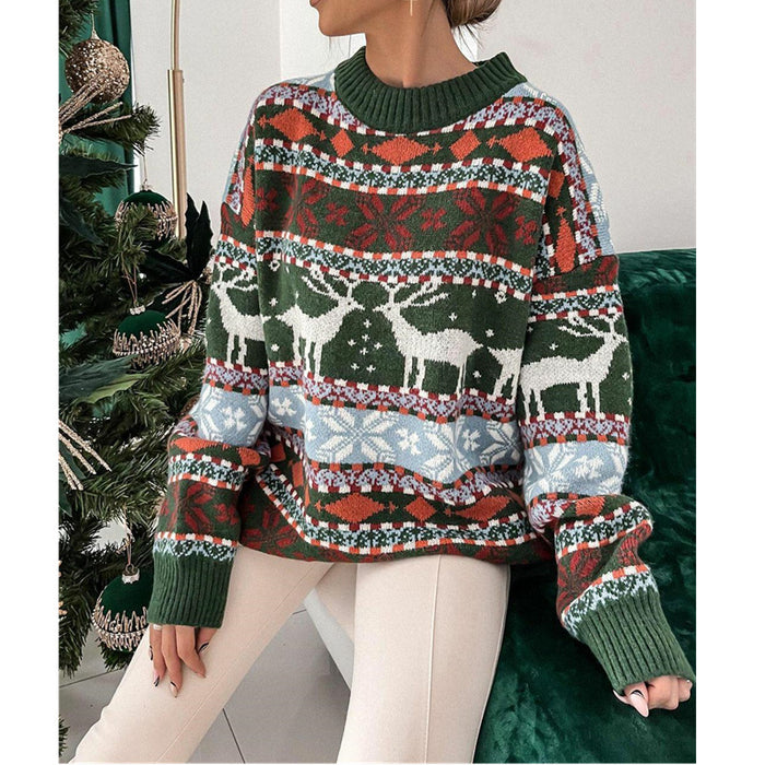 Suéter de manga larga jacquard con tema navideño suelto con cuello redondo a la moda para mujer