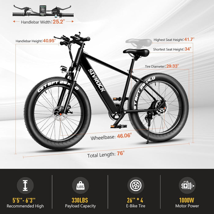 SIVROCK Electric Bike For Adults, 26 X 4.0 Inch Fat Tire Electric Mountain Bicycle, 1000W Motor 48V 15Ah Ebike With Professional 7 Speed, Hidden Lithium-Ion Battery, Hydraulic Suspension, LCD Display