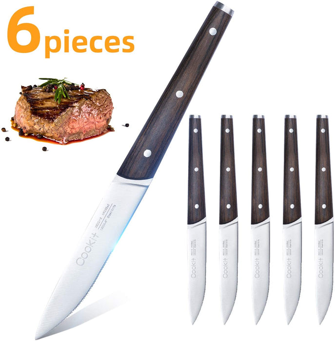 Set di 6 coltelli da bistecca seghettati in acciaio inossidabile con manico in legno per ristorante domestico