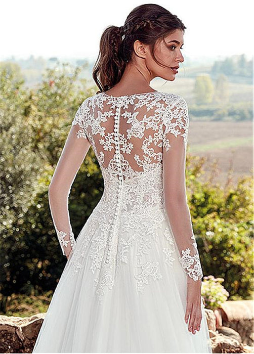 Abito da sposa semplice a coda lunga con scollo a U in pizzo a maniche lunghe e linea lunga