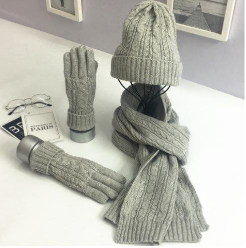 Fashion Solid Color Twist Warm Hat Scarf Glove Set