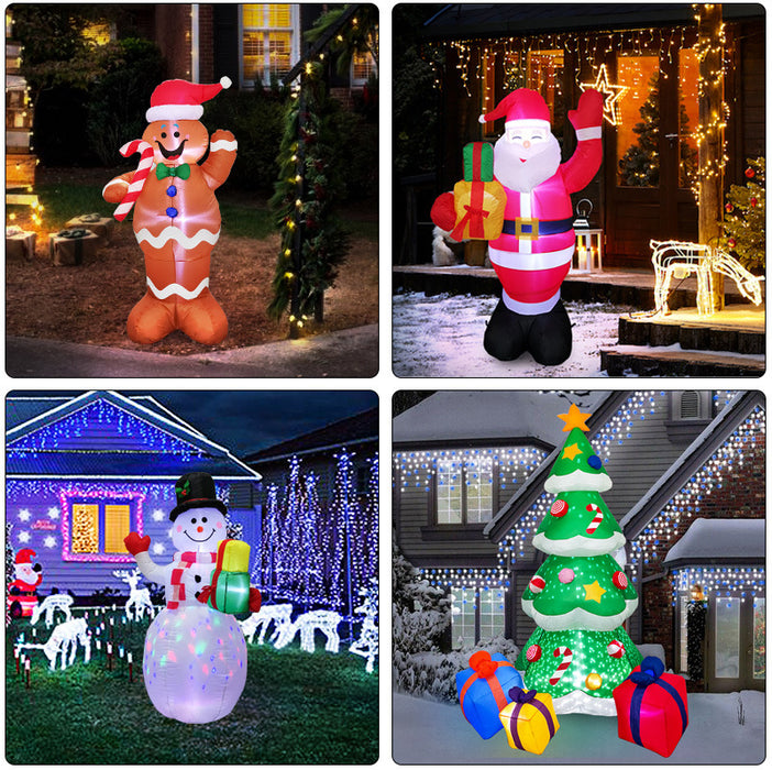 Luci LED natalizie che illuminano l'arredamento del giardino all'aperto della bambola gonfiabile del pupazzo di neve dell'albero di Babbo Natale