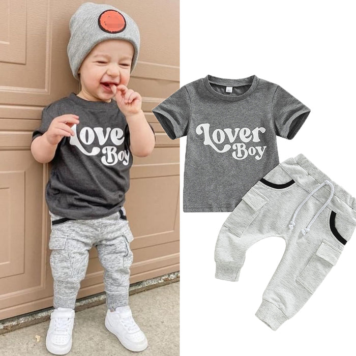 T-shirt con stampa monogramma a maniche corte per neonato Set di abbigliamento estivo grigio